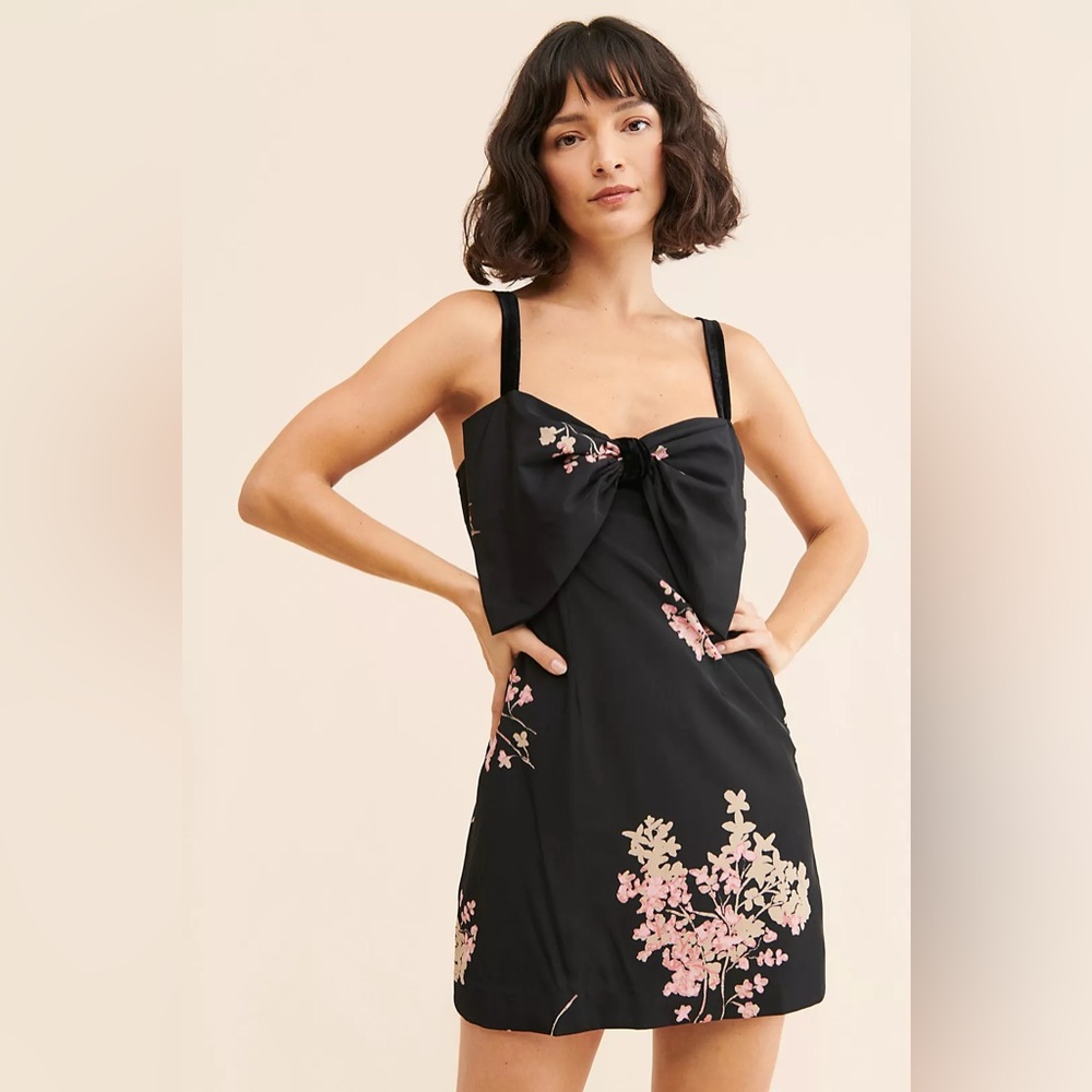 Free People Tie A Bow Mini Dress Black and Pink Floral NEW Cocktail Dress